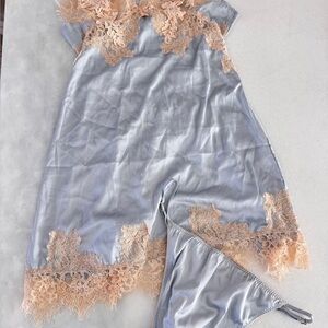 Elegant Lace Trim Satin Nightgown Set - Light Blue and Peach Lingerie